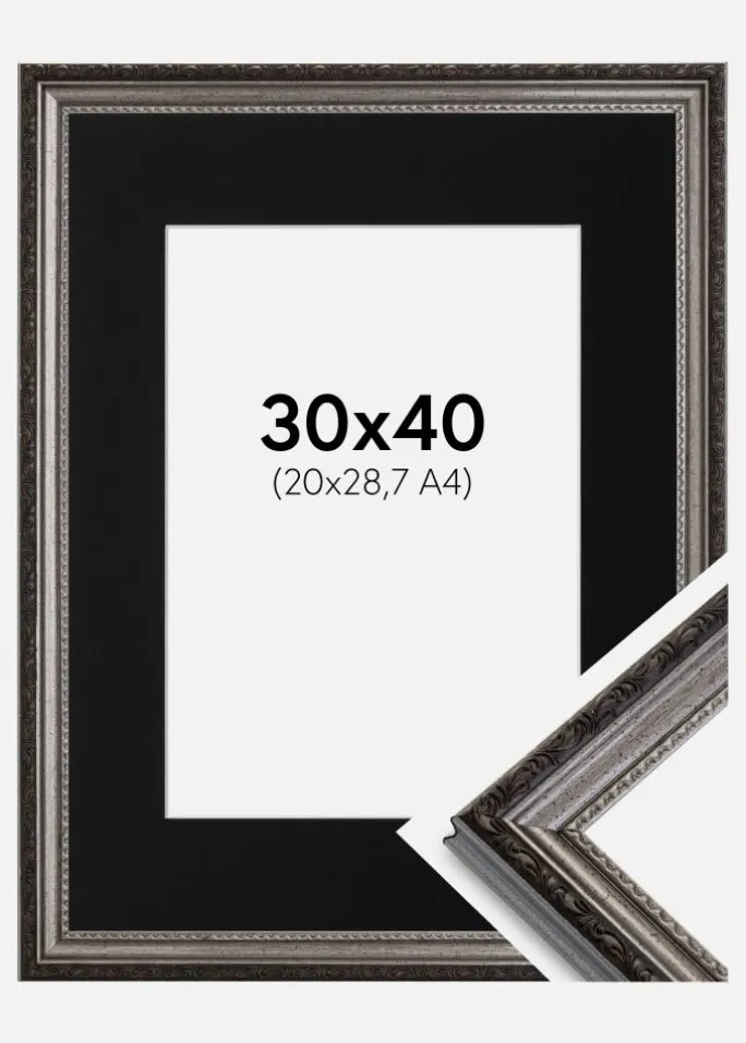 Ramme Abisko Sølv 30x40 cm - Passepartout Sort 21x29,7 cm (A4)