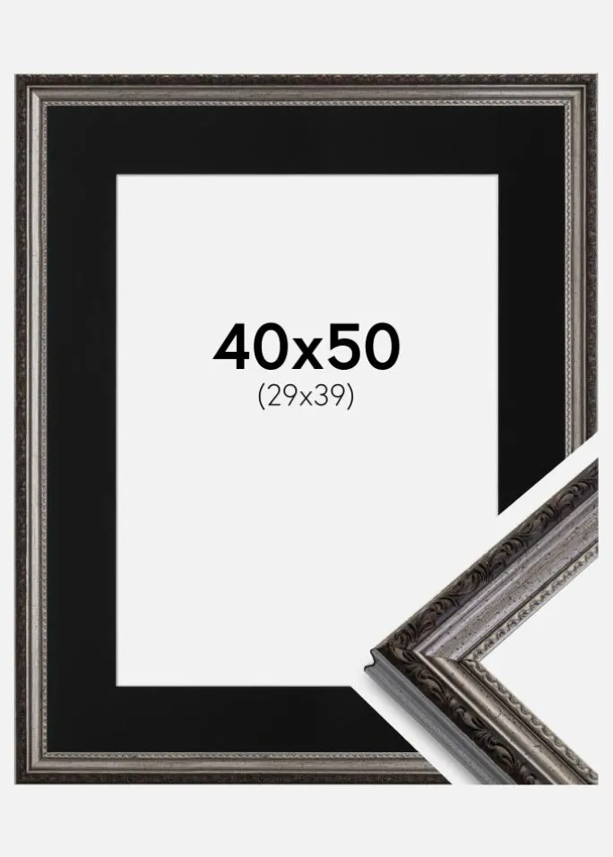Ramme Abisko Sølv 40x50 cm - Passepartout Sort 30x40 cm