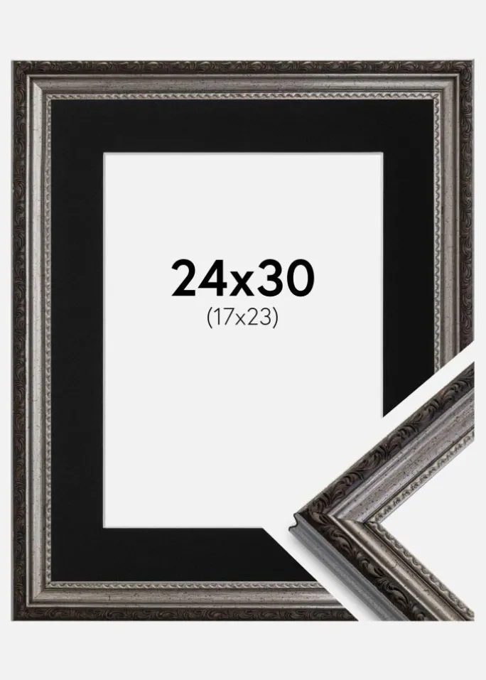 Ramme Abisko Sølv 24x30 cm - Passepartout Sort 18x24 cm