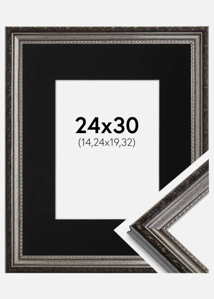 Ramme Abisko Sølv 24x30 cm - Passepartout Sort 6x8 inches