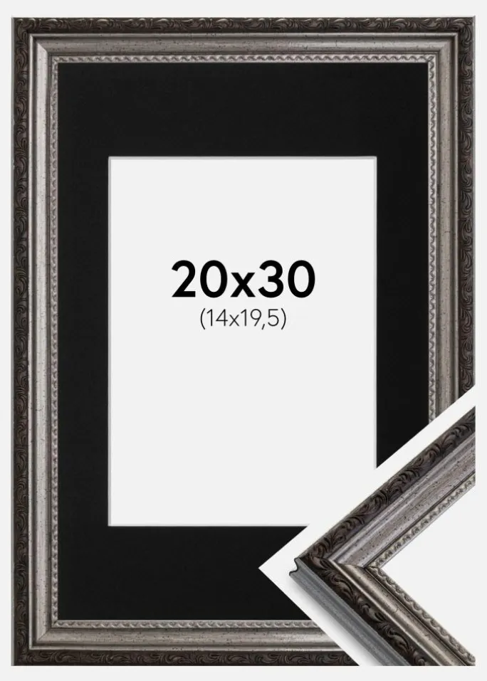 Ramme Abisko Sølv 20x30 cm - Passepartout Sort 15x21 cm (A5)
