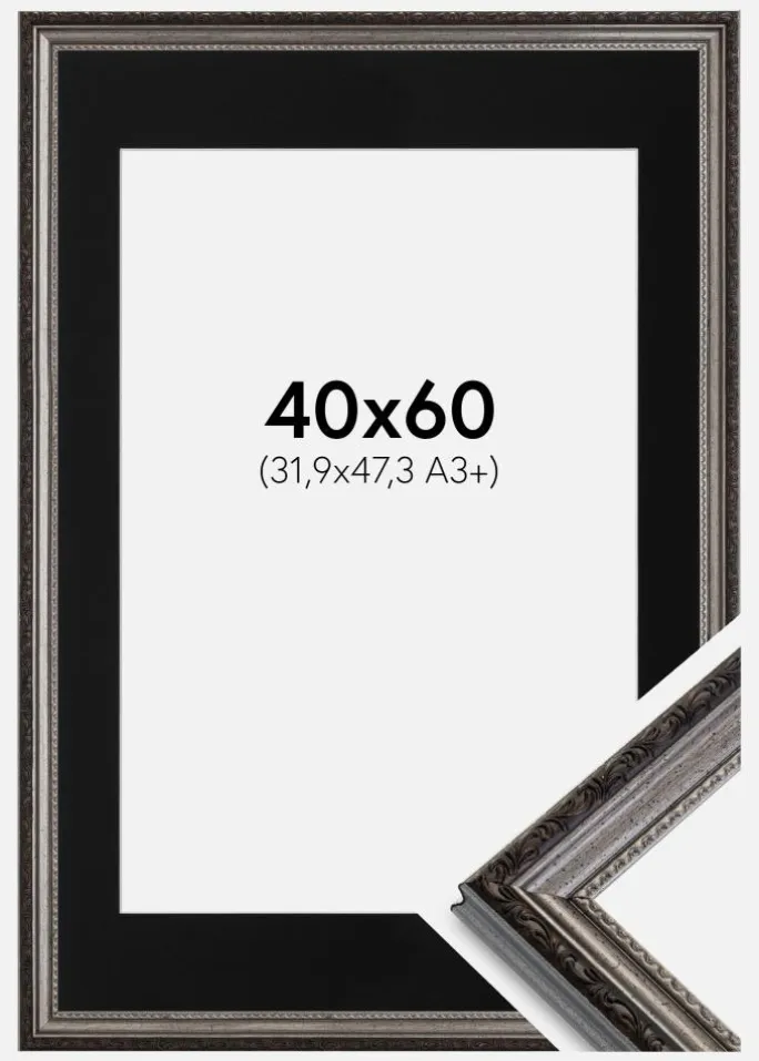 Ramme Abisko Sølv 40x60 cm - Passepartout Sort 32,9x48,3 cm (A3+)