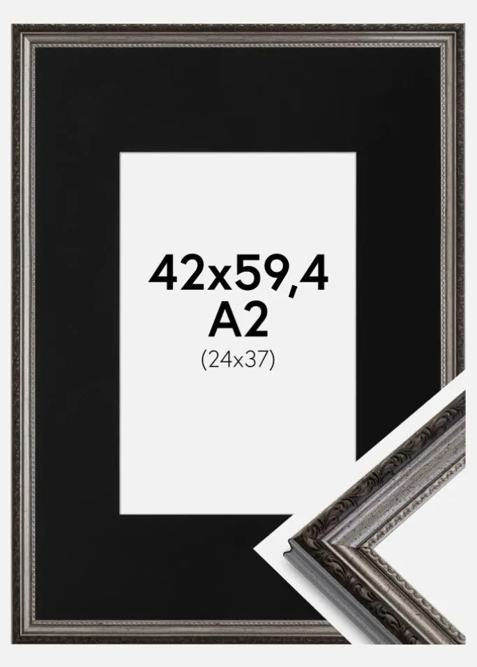 Ramme Abisko Sølv 42x59,4 cm (A2) - Passepartout Sort 25x38 cm