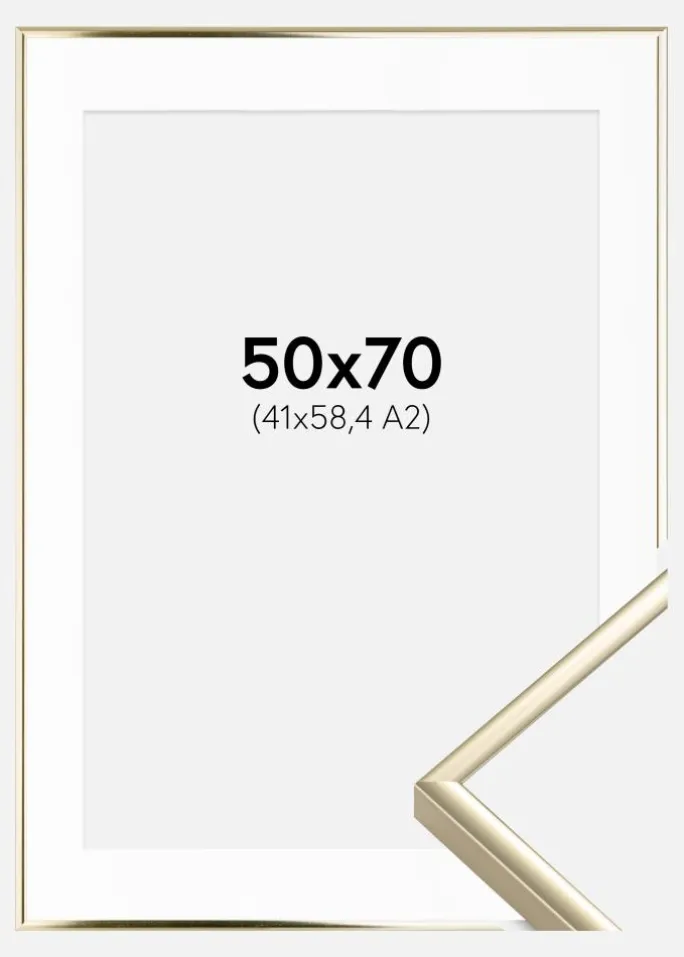 Ramme Aluminium Blank Guld 50x70 cm - Passepartout Hvid 42x59,4 cm (A2)