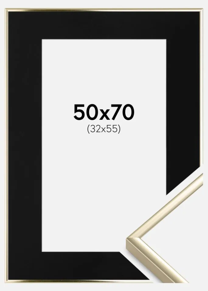 Ramme Aluminium Blank Guld 50x70 cm - Passepartout Sort 33x56 cm