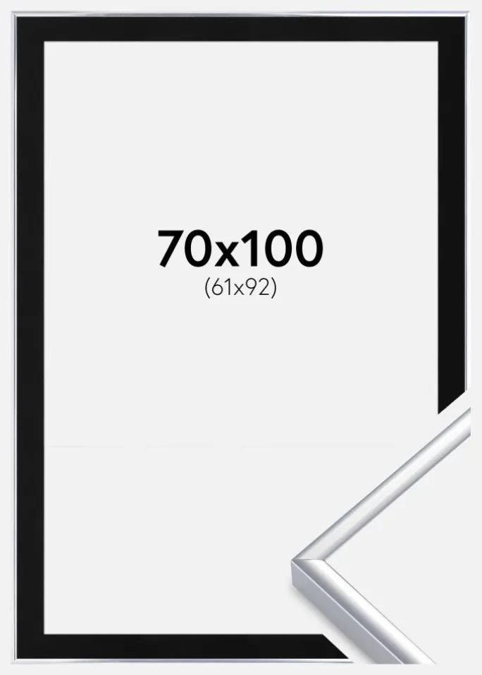 Ramme Aluminium Blank Sølv 70x100 cm - Passepartout Sort 62x93 cm