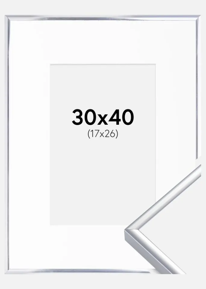 Ramme Aluminium Blank Sølv 30x40 cm - Passepartout Hvid 18x27 cm