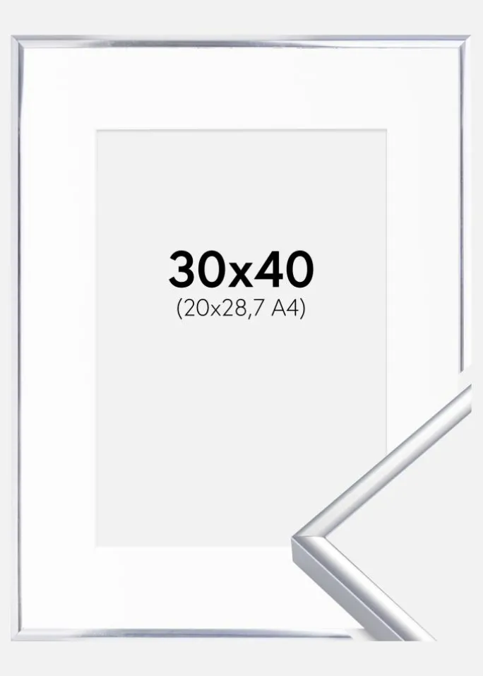 Ramme Aluminium Blank Sølv 30x40 cm - Passepartout Hvid 21x29,7 cm (A4)