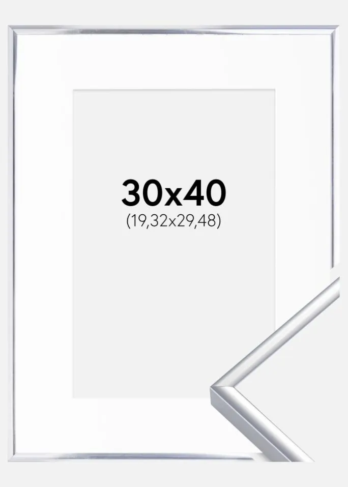 Ramme Aluminium Blank Sølv 30x40 cm - Passepartout Hvid 8x12 inches