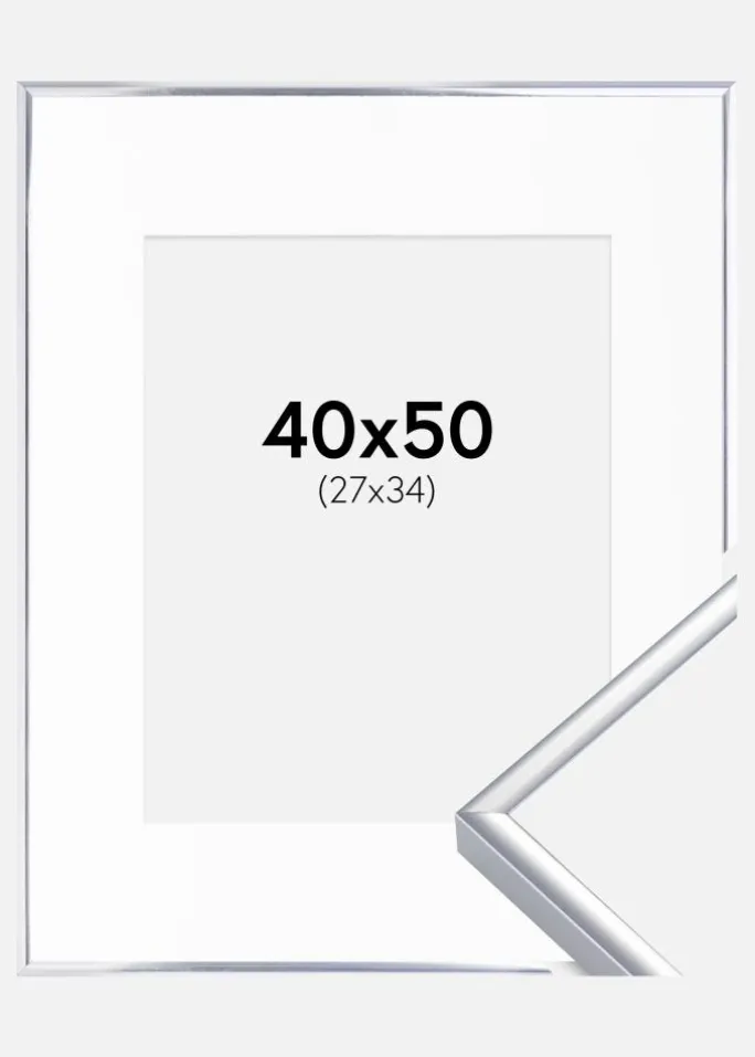 Ramme Aluminium Blank Sølv 40x50 cm - Passepartout Hvid 28x35 cm