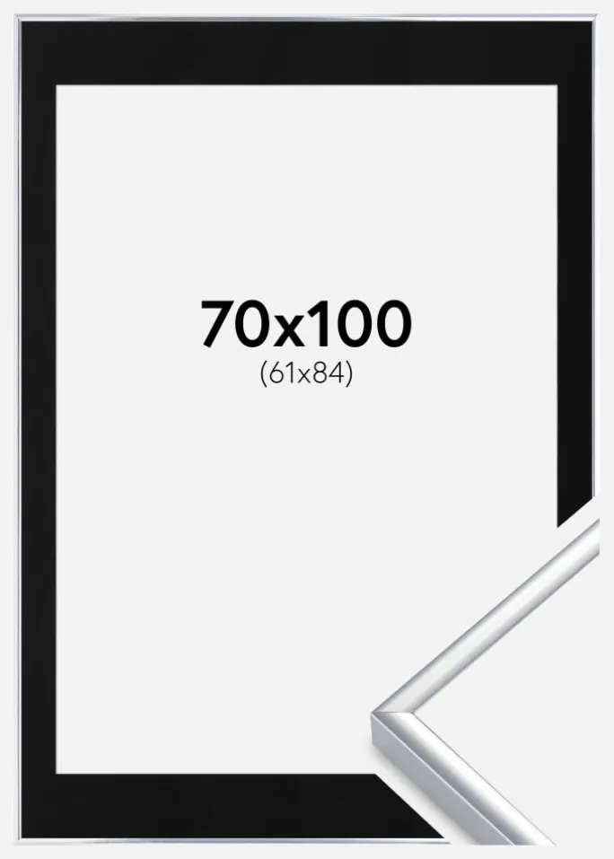 Ramme Aluminium Blank Sølv 70x100 cm - Passepartout Sort 62x85 cm