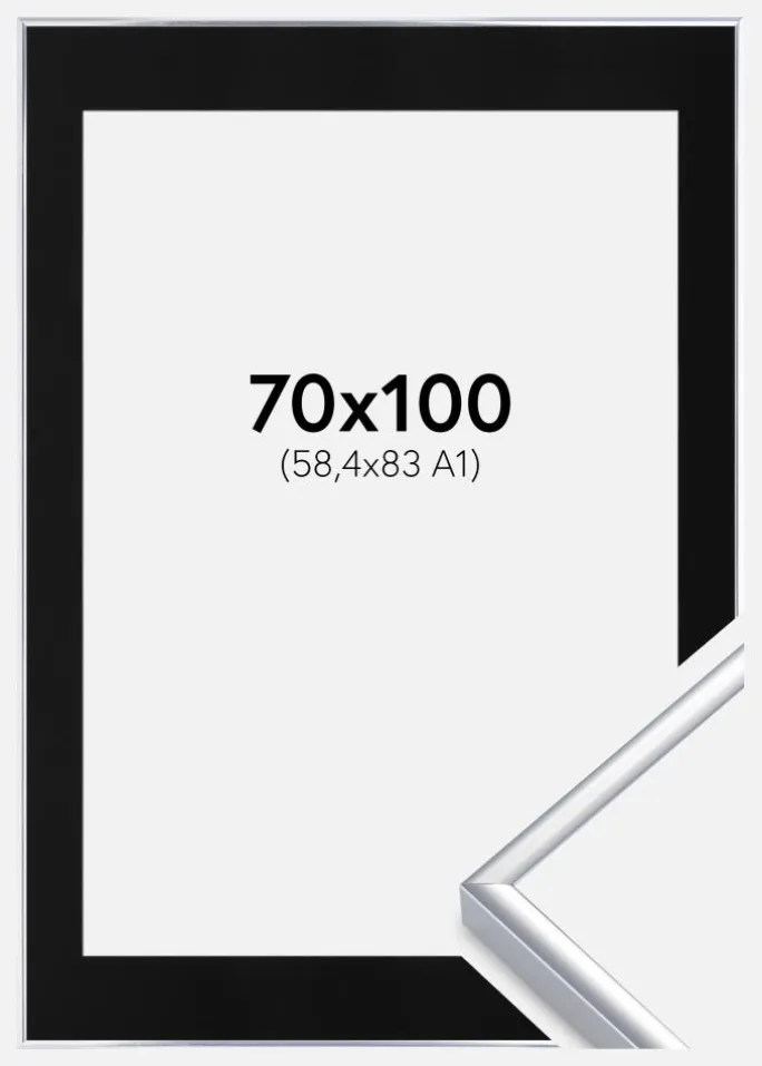 Ramme Aluminium Blank Sølv 70x100 cm - Passepartout Sort 59,4x84 cm (A1)