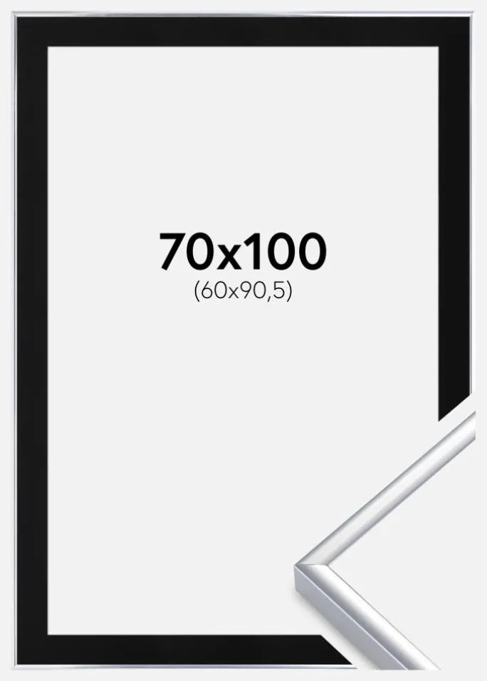 Ramme Aluminium Blank Sølv 70x100 cm - Passepartout Sort 61x91,5 cm