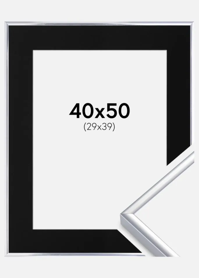 Ramme Aluminium Blank Sølv 40x50 cm - Passepartout Sort 30x40 cm