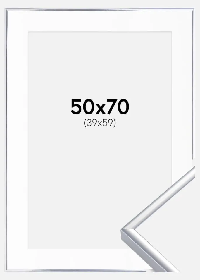 Ramme Aluminium Blank Sølv 50x70 cm - Passepartout Hvid 40x60 cm