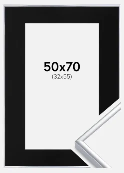 Ramme Aluminium Blank Sølv 50x70 cm - Passepartout Sort 33x56 cm