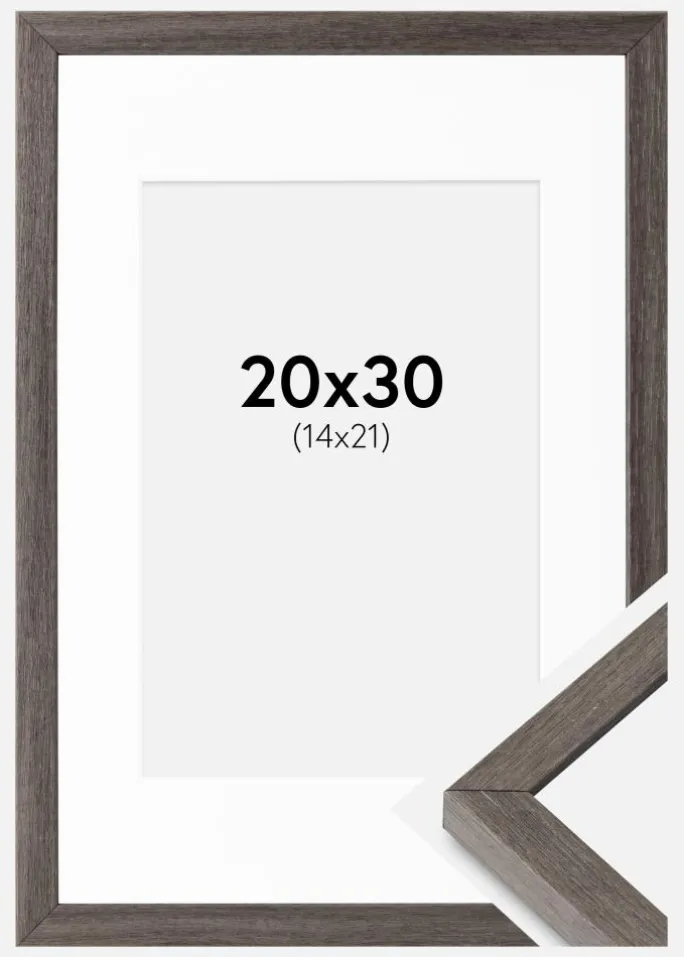Ramme Ares grå Eg 20x30 cm - Passepartout Hvid 15x22 cm