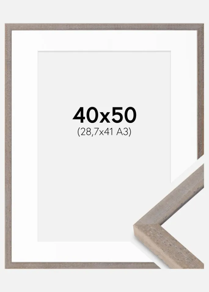 Ramme Ares Grå 40x50 cm - Passepartout Hvid 29,7x42 cm