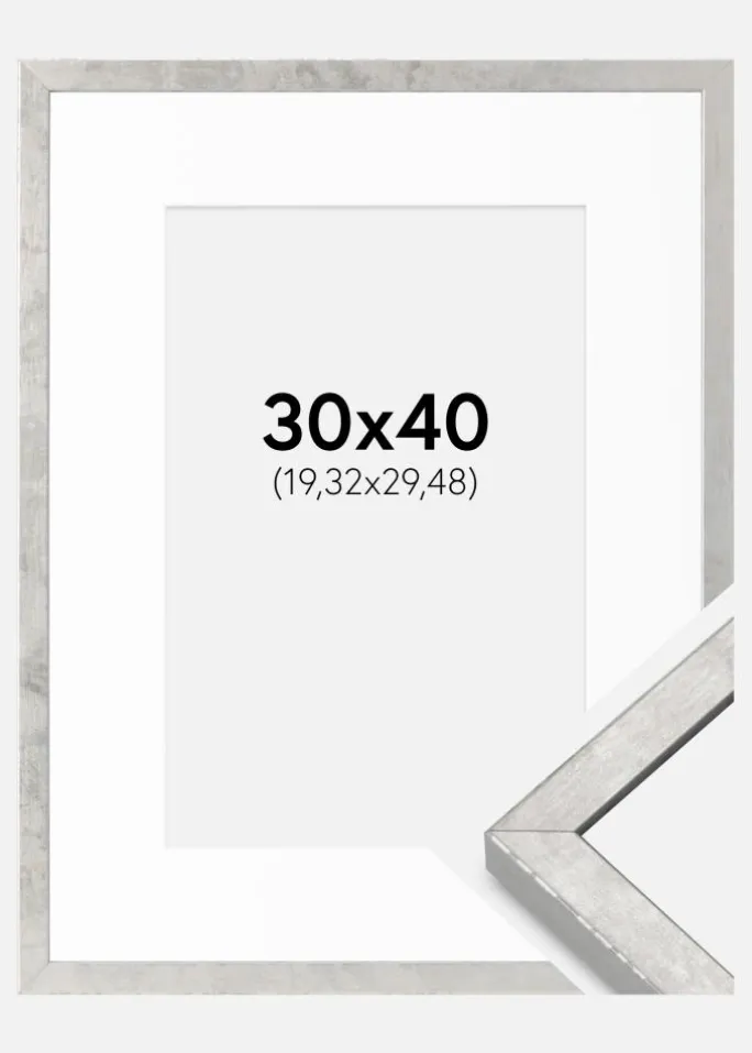 Ramme Ares Sølv 30x40 cm - Passepartout Hvid 8x12 inches