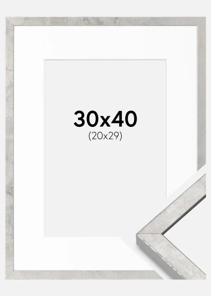 Ramme Ares Sølv 30x40 cm - Passepartout Hvid 21x30 cm