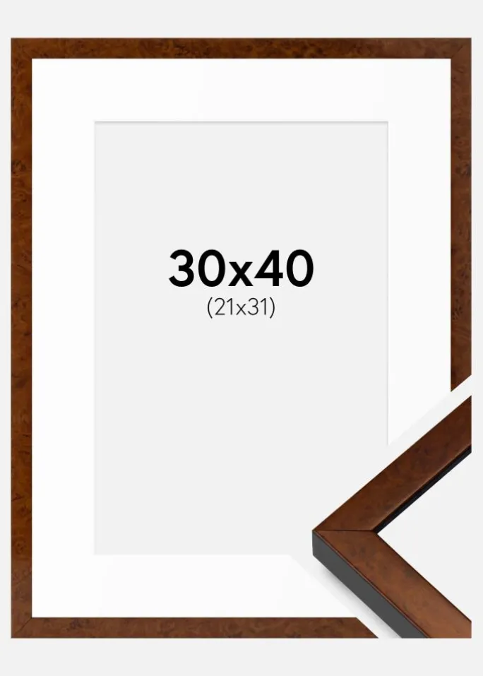 Ramme Ares Valnød 30x40 cm - Passepartout Hvid 22x32 cm