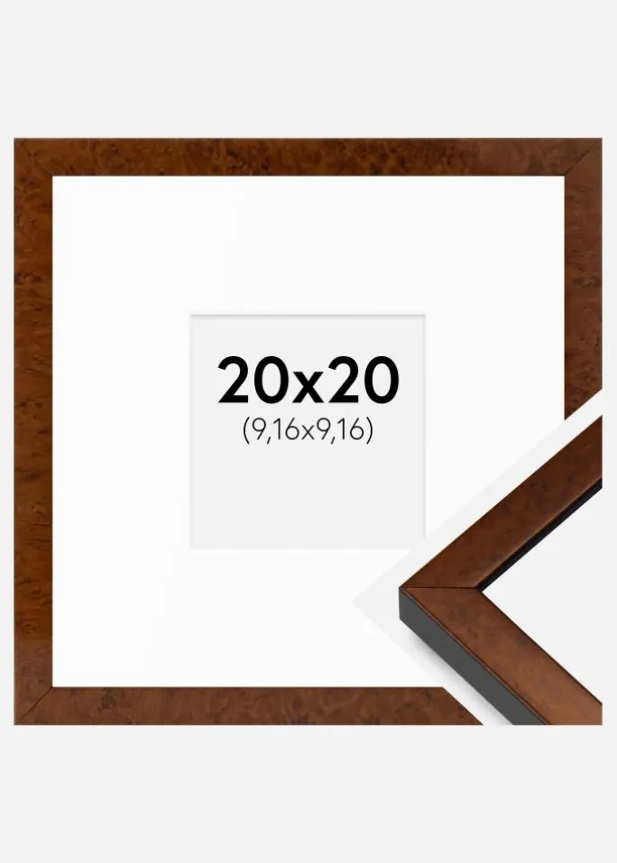 Ramme Ares valnød 20x20 cm - Passepartout Hvid 4x4 inches