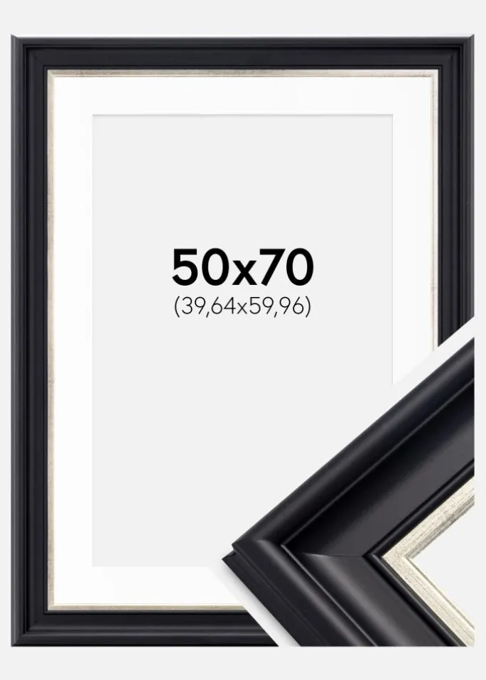 Ramme Dalarna Sort-Sølv 50x70 cm - Passepartout Hvid 16x24 inches