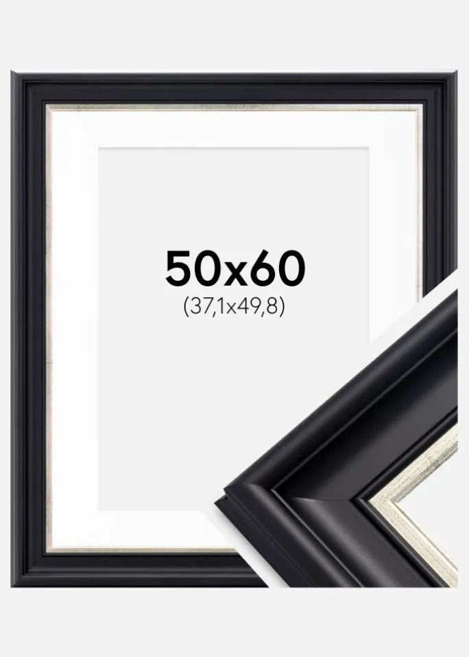 Ramme Dalarna Sort-Sølv 50x60 cm - Passepartout Hvid 15x20 inches