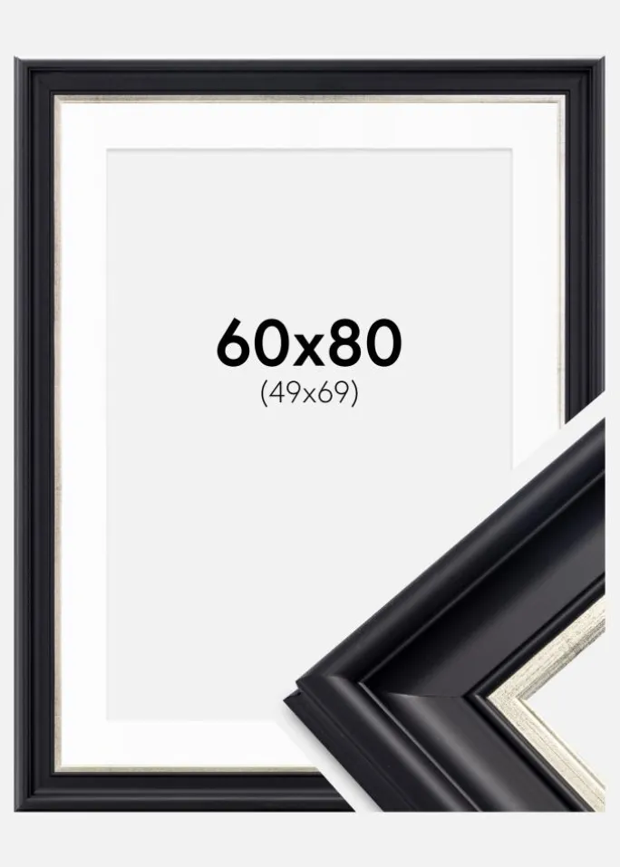 Ramme Dalarna Sort-Sølv 60x80 cm - Passepartout Hvid 50x70 cm