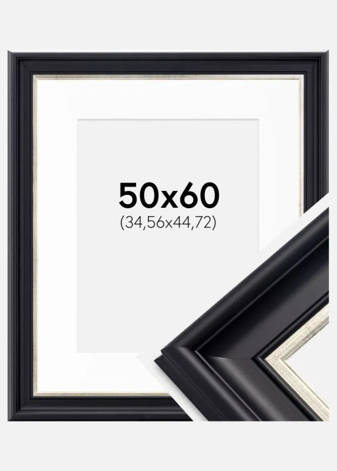 Ramme Dalarna Sort-Sølv 50x60 cm - Passepartout Hvid 14x18 inches