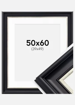 Ramme Dalarna Sort-Sølv 50x60 cm - Passepartout Hvid 40x50 cm