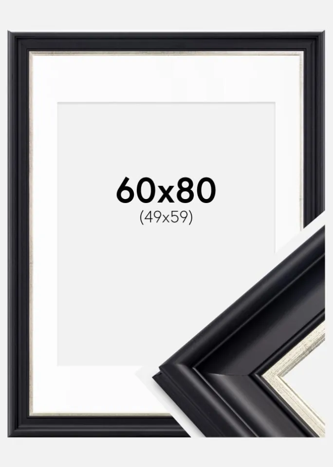Ramme Dalarna Sort-Sølv 60x80 cm - Passepartout Hvid 50x60 cm