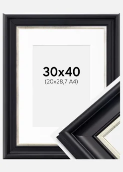 Ramme Dalarna Sort-Sølv 30x40 cm - Passepartout Hvid 21x29,7 cm (A4)