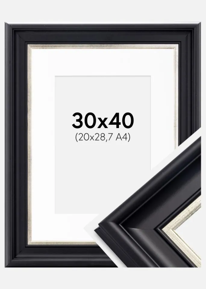 Ramme Dalarna Sort-Sølv 30x40 cm - Passepartout Hvid 21x29,7 cm (A4)