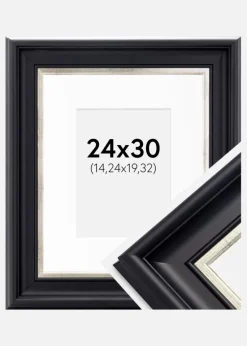 Ramme Dalarna Sort-Sølv 24x30 cm - Passepartout Hvid 6x8 inches