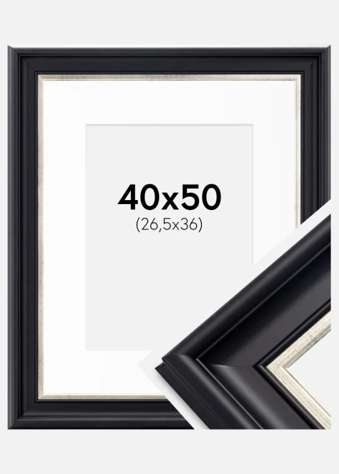 Ramme Dalarna Sort-Sølv 40x50 cm - Passepartout Hvid 27,5x37 cm
