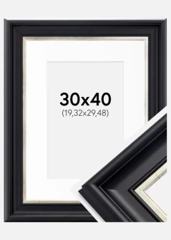Ramme Dalarna Sort-Sølv 30x40 cm - Passepartout Hvid 8x12 inches