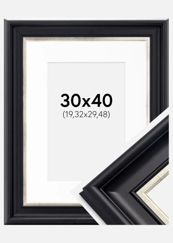 Ramme Dalarna Sort-Sølv 30x40 cm - Passepartout Hvid 8x12 inches
