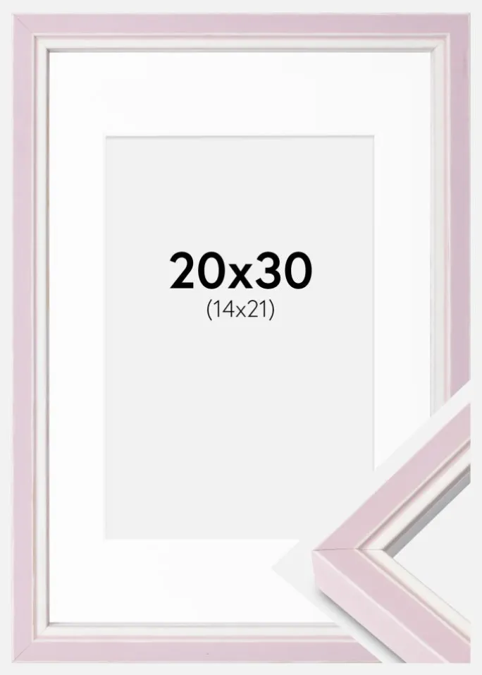 Ramme Diana lyserød 20x30 cm - Passepartout Hvid 15x22 cm
