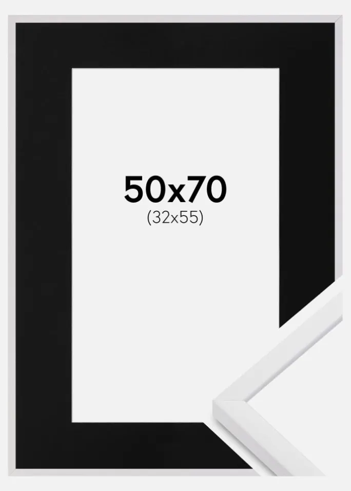 Ramme E-Line Hvid 50x70 cm - Passepartout Sort 33x56 cm
