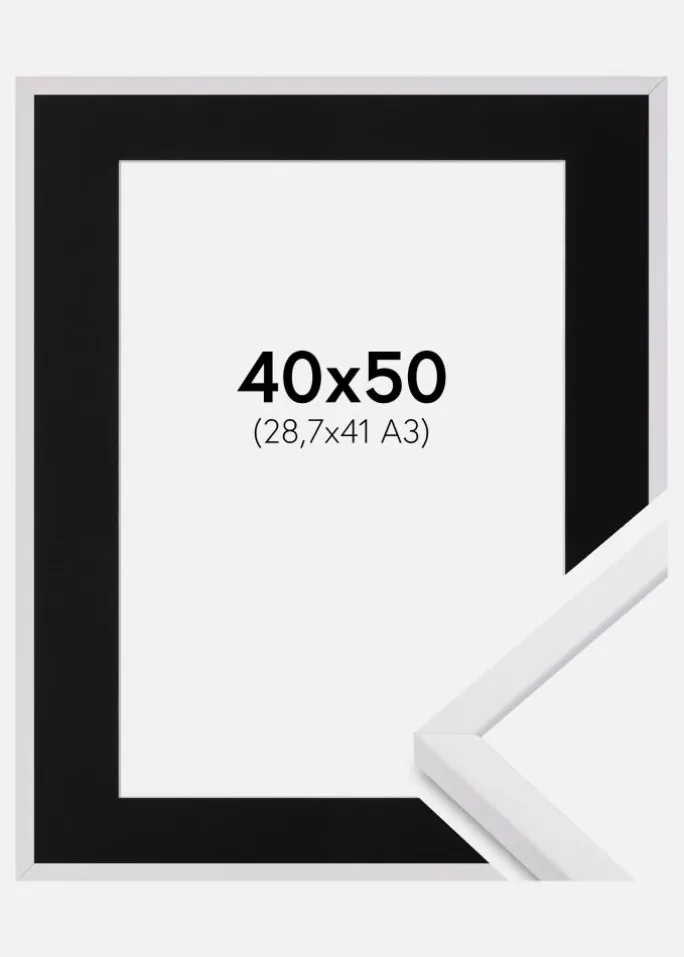 Ramme E-Line Hvid 40x50 cm - Passepartout Sort 29,7x42 cm (A3)