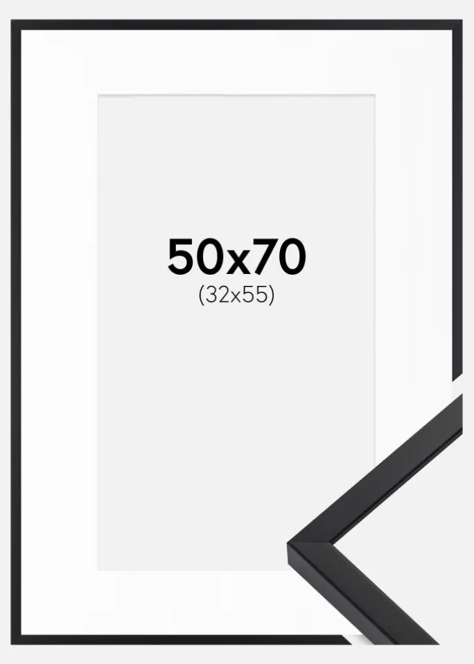 Ramme E-Line Sort 50x70 cm - Passepartout Hvid 33x56 cm