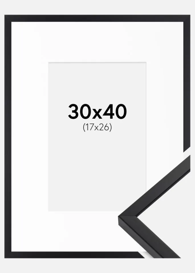 Ramme E-Line Sort 30x40 cm - Passepartout Hvid 18x27 cm