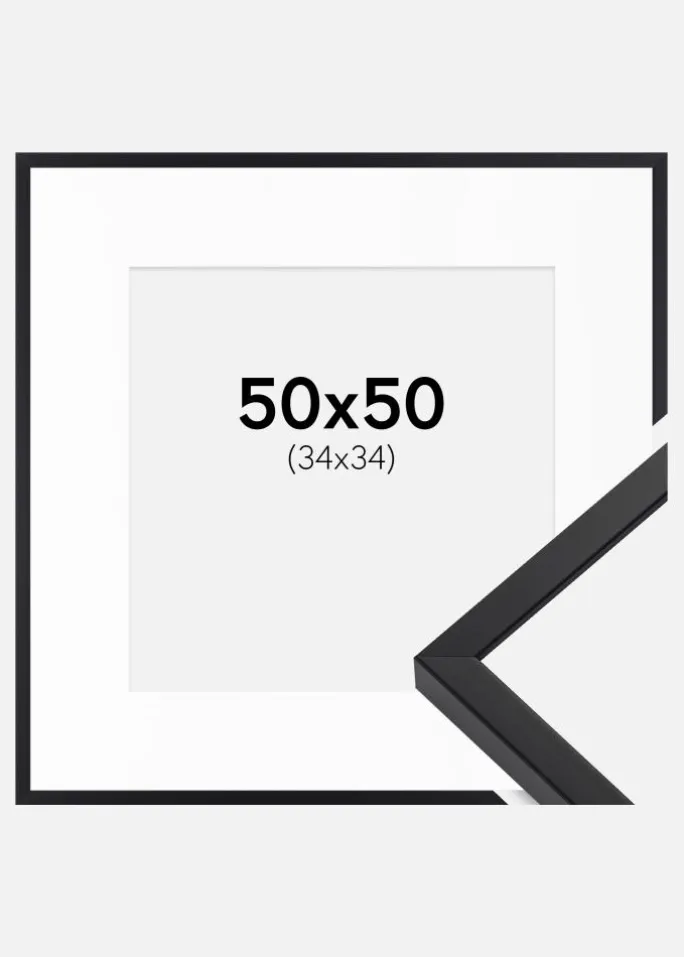 Ramme E-Line Sort 50x50 cm - Passepartout Hvid 35x35 cm