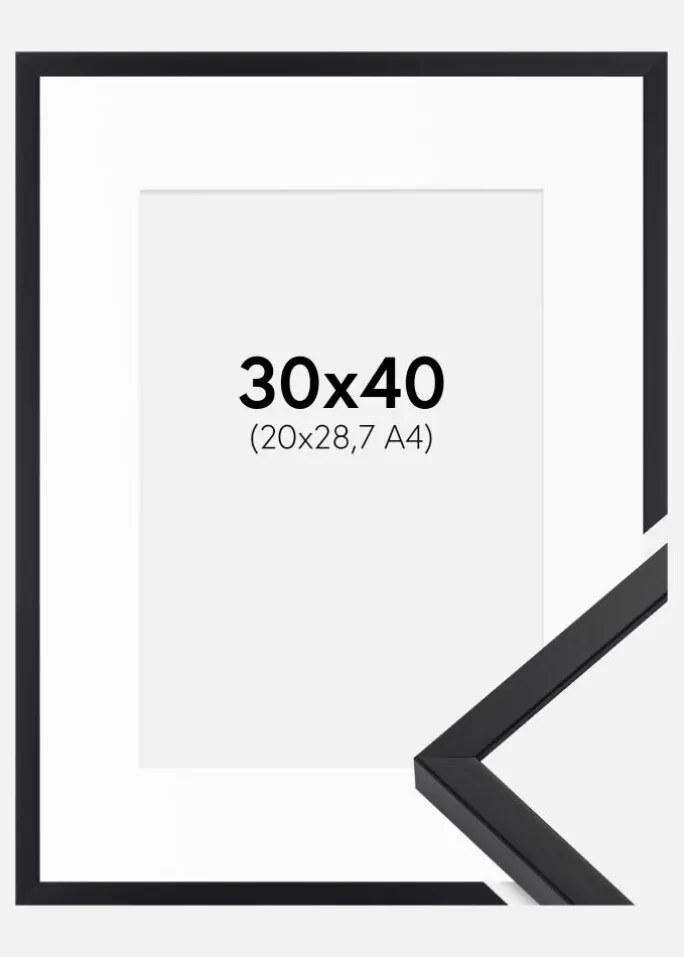 Ramme E-Line Sort 30x40 cm - Passepartout Hvid 21x29,7 cm (A4)
