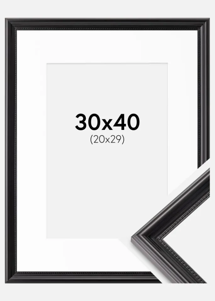 Ramme Gala Sort 30x40 cm - Passepartout Hvid 21x30 cm
