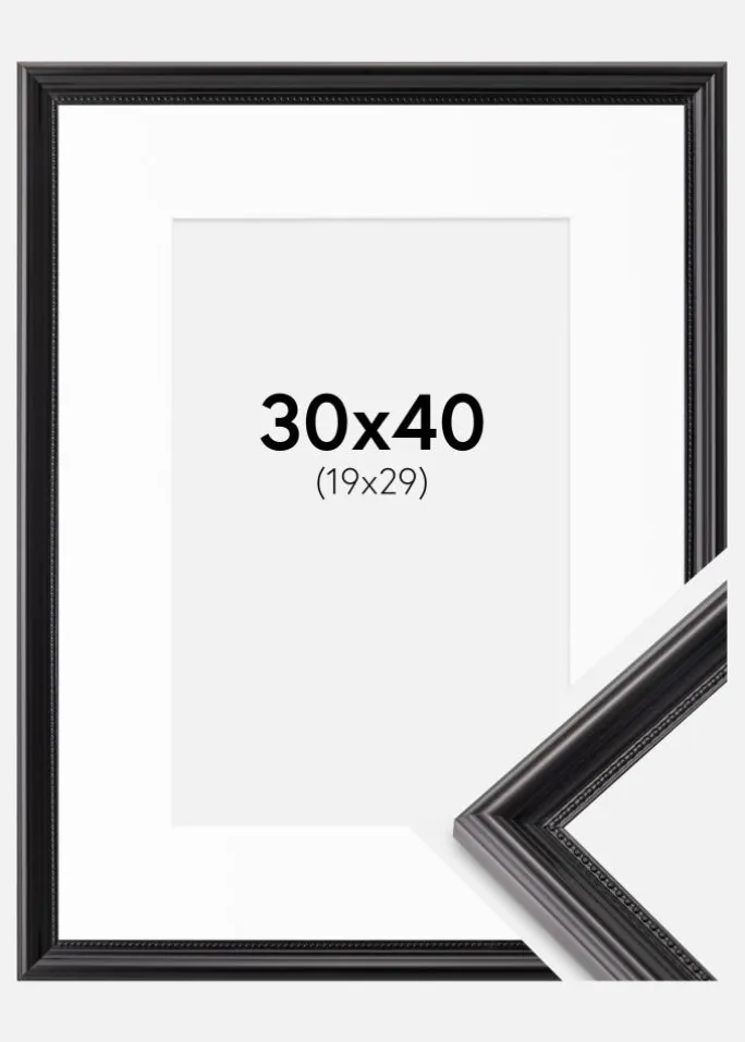 Ramme Gala Sort 30x40 cm - Passepartout Hvid 20x30 cm