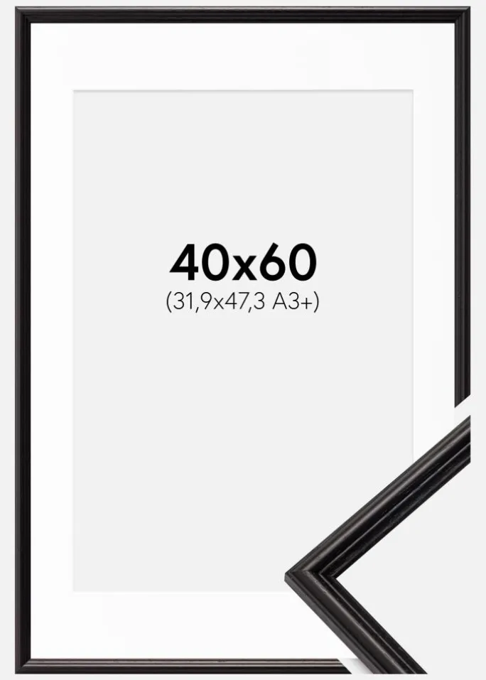 Ramme Horndal Sort 40x60 cm - Passepartout Hvid 32,9x48,3 cm (A3+)