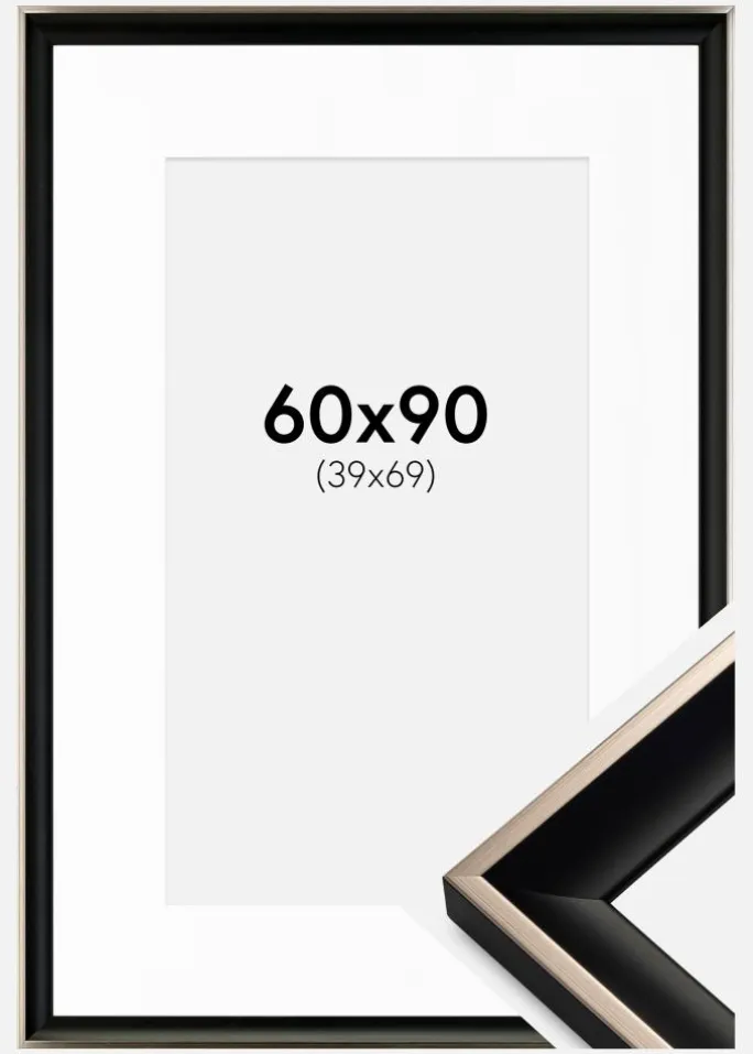 Ramme Öjaren Sort-Sølv 60x90 cm - Passepartout Hvid 40x70 cm