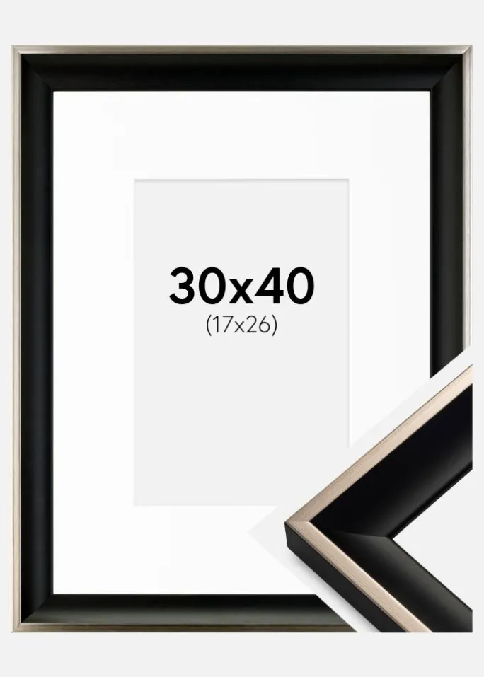 Ramme Öjaren Sort-Sølv 30x40 cm - Passepartout Hvid 18x27 cm